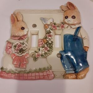 Vintage Takakashi Japan Mr. & Mrs. Cottontail Double Switch Plate 6x6